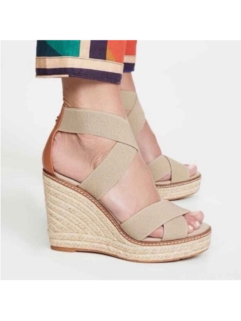 Tory Burch Frieda Platform Wedge Espadrille Beige Sandals Elastic Straps Size 7